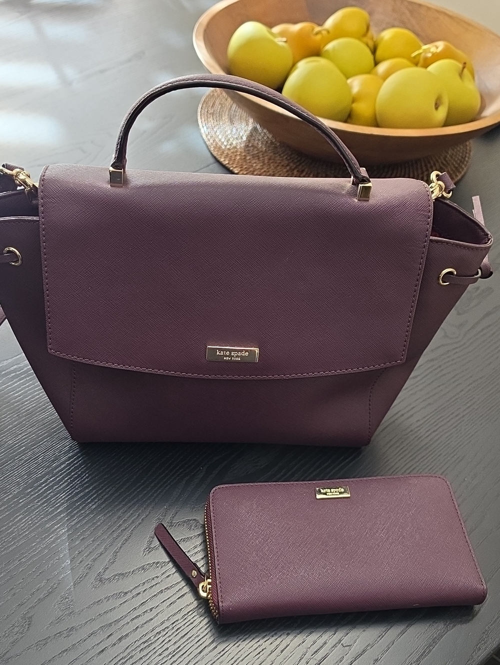kate spade plum leather top-handle satchel with matching wallet set